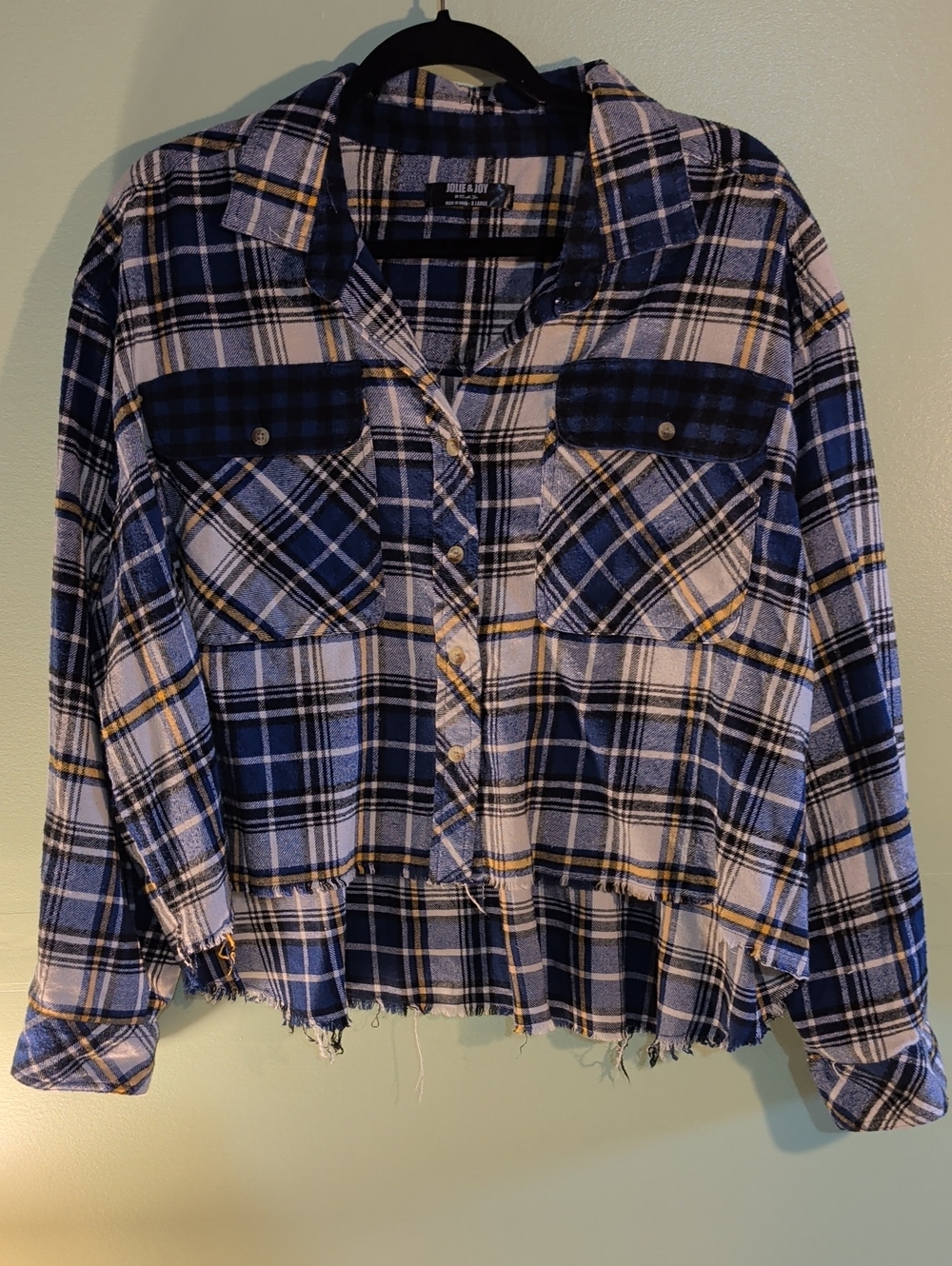 Blue Plaid Button-Down Cropped Flannel by Joules & Joy